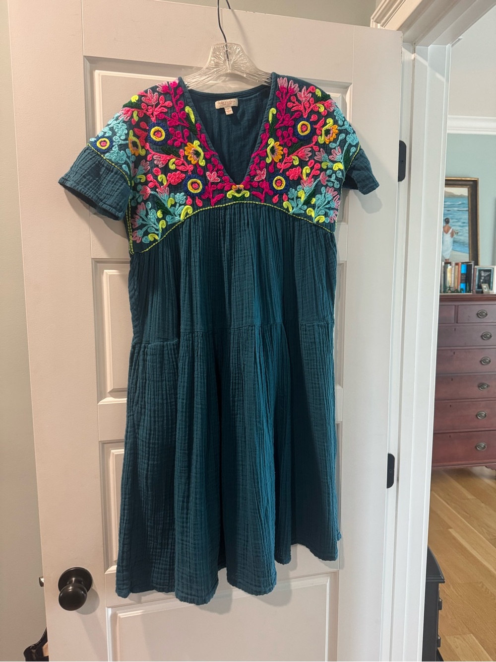 Pink Chicken Teal Dress with Bright Multicolor Floral Embroidery
